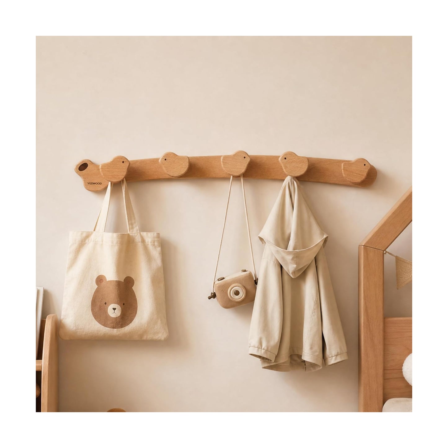 Solid Wood Wall Hooks, Coat Rack Wall Mount Cute for Kids, Entryway Hanging Shelf with 5 Hooks for Hats, Clothes