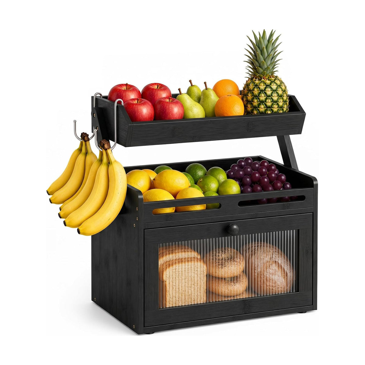 Bread Box for Kitchen Countertop, Bamboo Bread Storage with Fruit Basket | Black Large Bread Container, Raised-Rail
