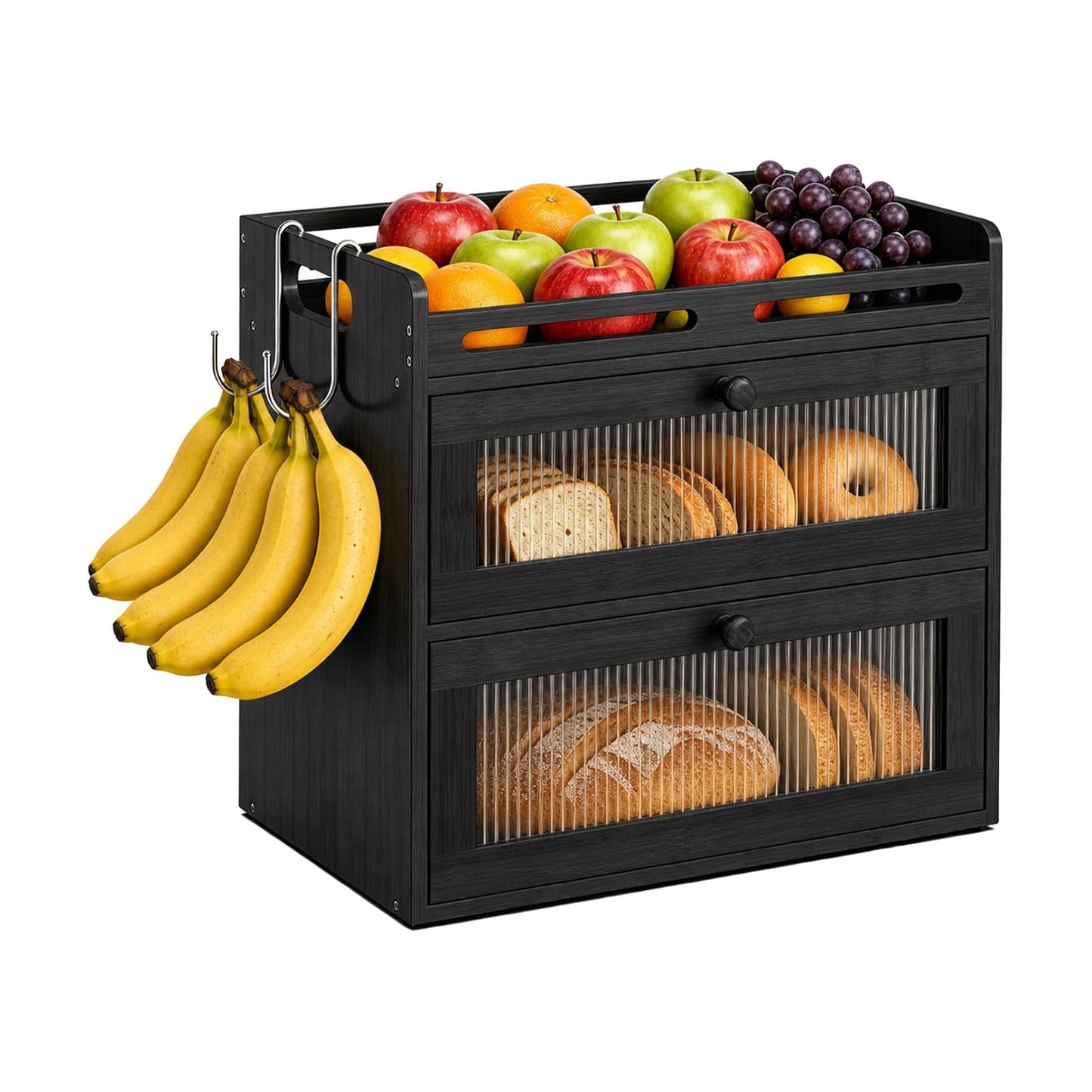 Bread Box for Kitchen Countertop, 2-Tier Bamboo Storage with Raised Shelf | Black, Large Bread Container, 2 Banana