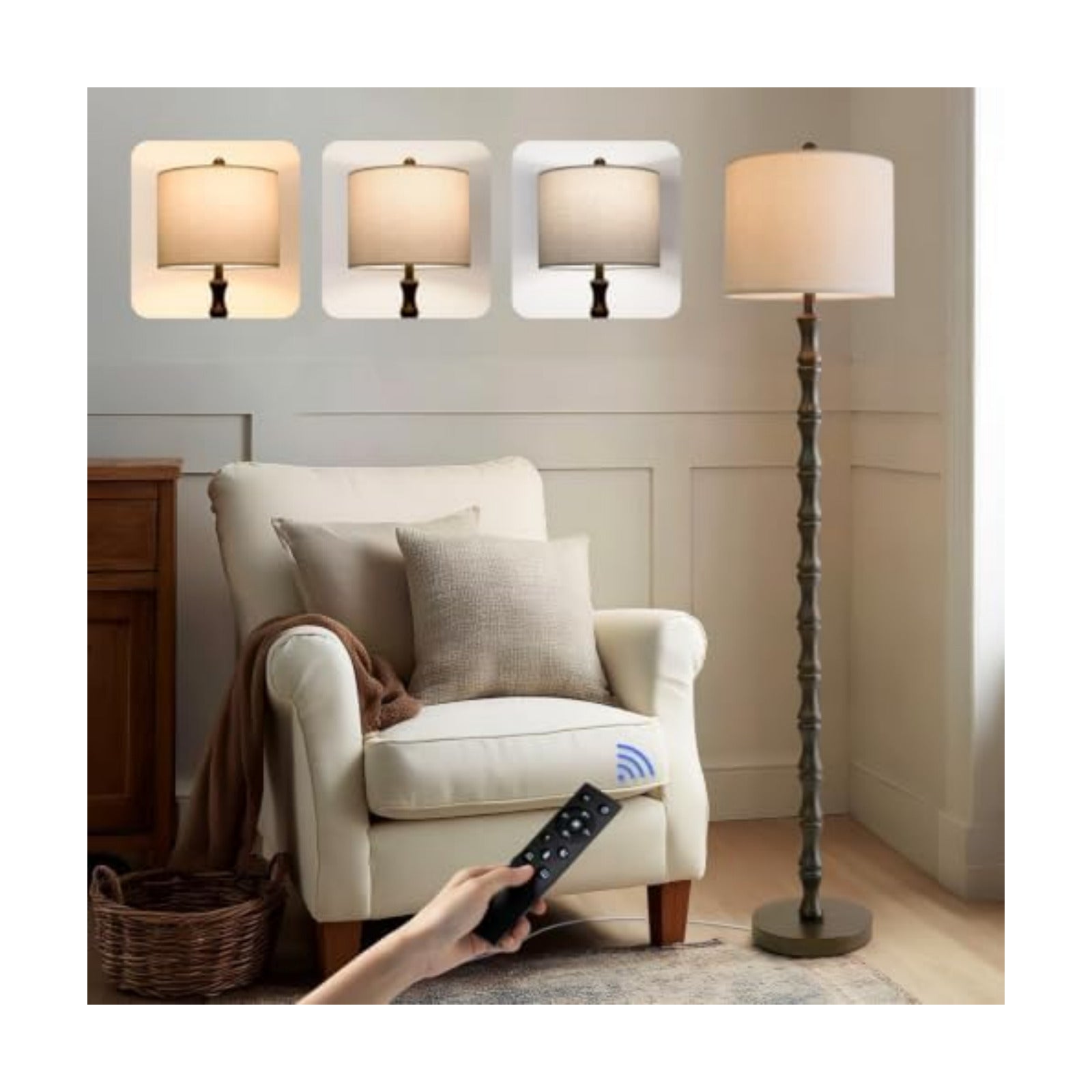 BOBOMOMO 62" Rustic Farmhouse Floor Lamp Dark Brown with Remote & Dimmable 9W Bulb, 3 Color Temperatures Resin Standing