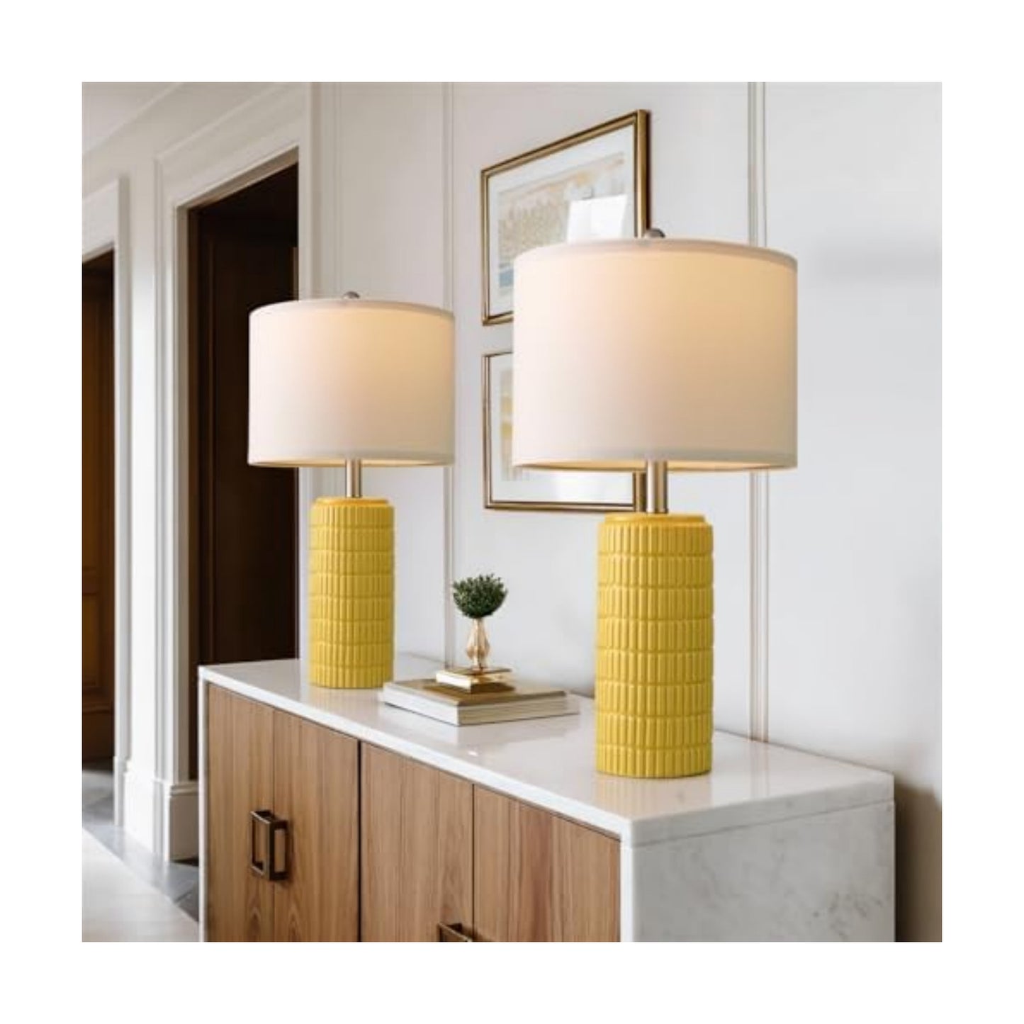 PoKat 23" Yellow Table Lamps Set of 2, Modern Living Room End Table Lamps Decor, Ceramic Lamps for Living Room