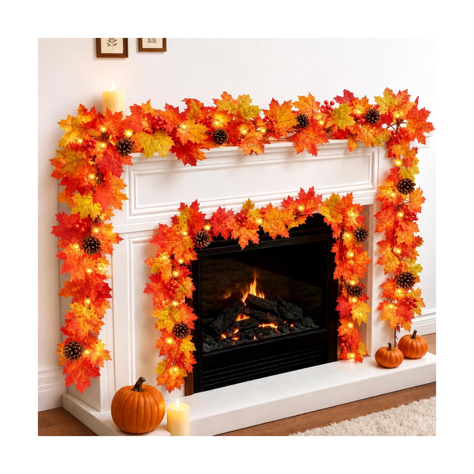Fall Decorations for Home 9FT Lush Fall Garland with Lights Plug in, 50 Orange Bulbs Fuller and Thicker Fall Leaves
