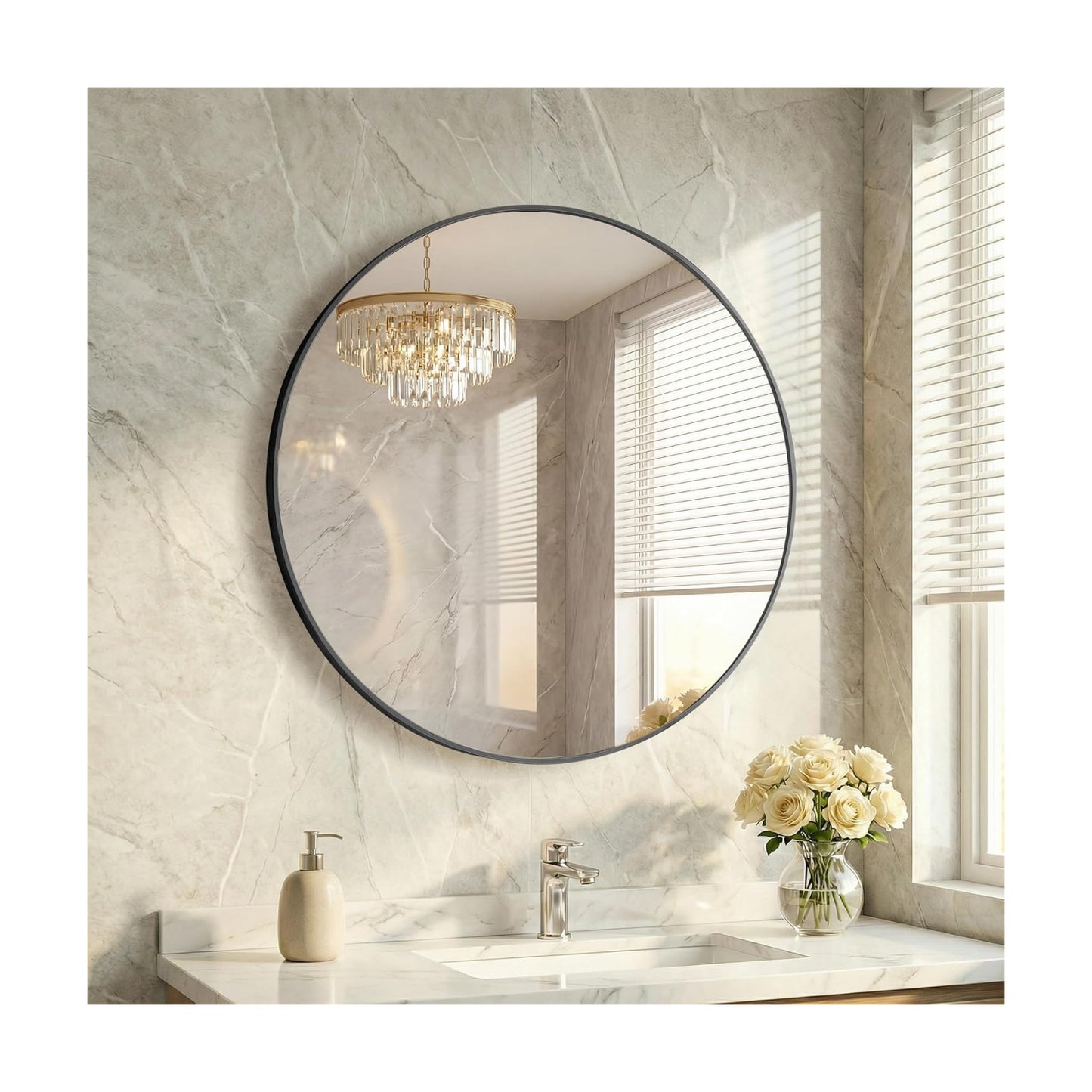28 Inch Black Round Bathroom Wall Mirror, Round Mirrors for Wall Decor, Circle Mirror for with HD Shatter-Proof Glass
