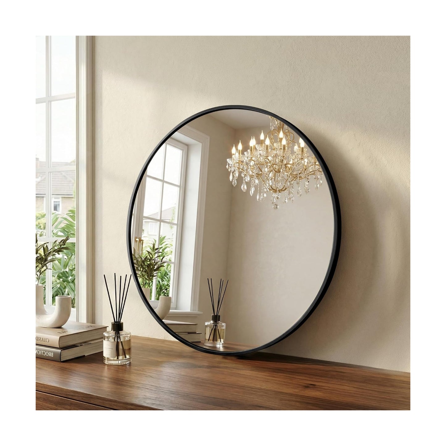 24 Inch Black Round Bathroom Wall Mirror, Round Mirrors for Wall Decor, Circle Mirror for with HD Shatter-Proof Glass