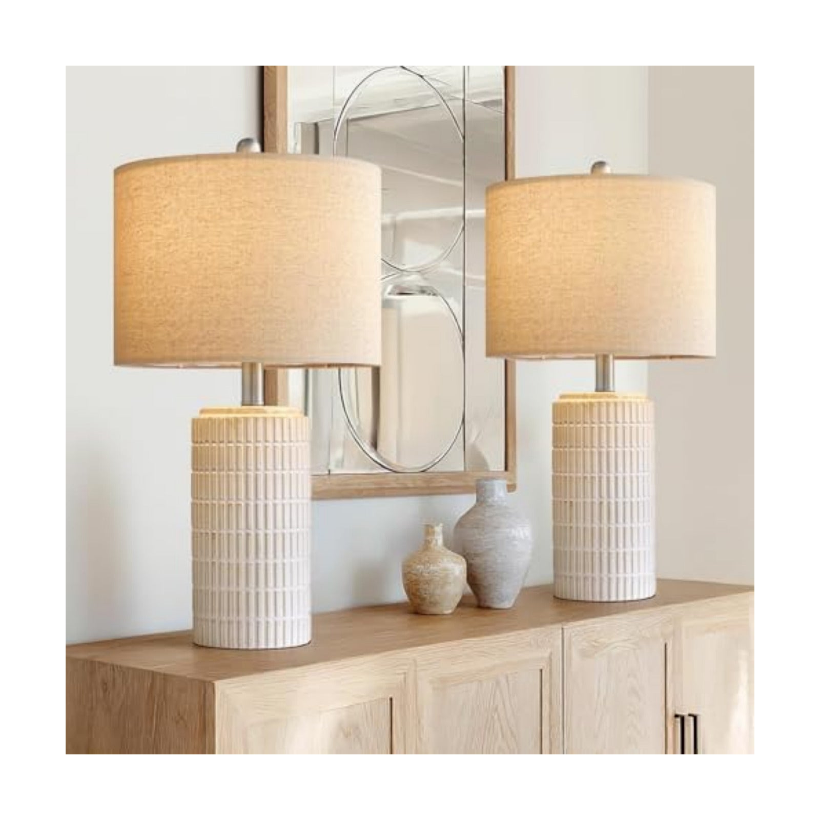 PoKat 24" Modern Ceramic Table Lamps Set of 2 for Bedroom, White Bedside Lamps for Night Stands, Farmhouse Desk Decor