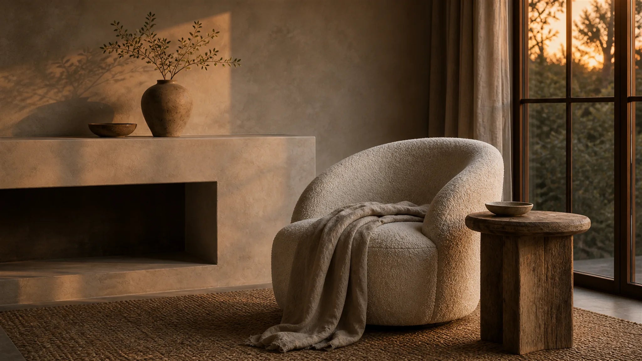 Warm living room with a softly upholstered chair, natural wood, and textured plaster walls